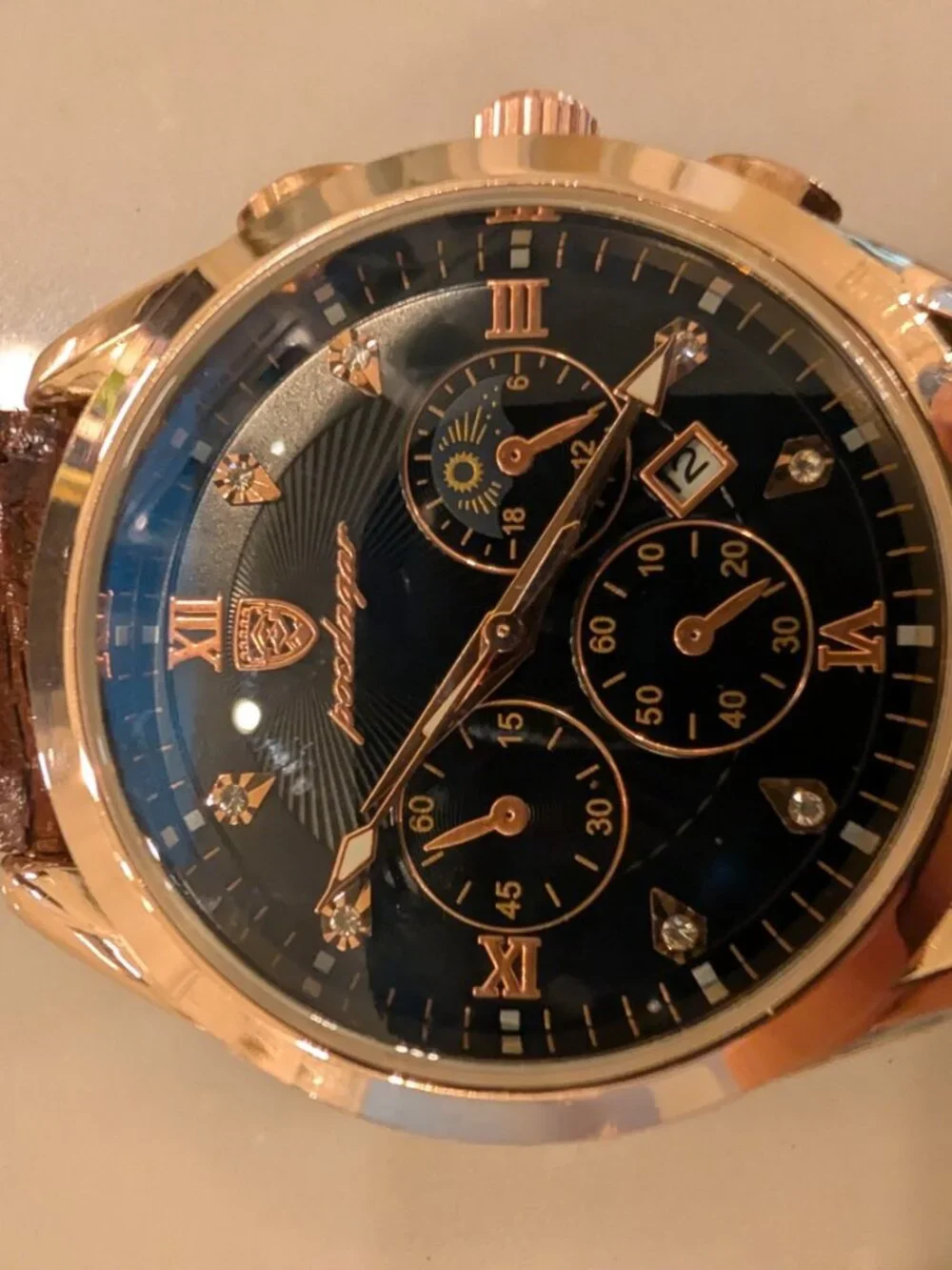 Poedagar P318 Men’s Quartz Watch Blue Dial Rose Gold Tone Brown Leather